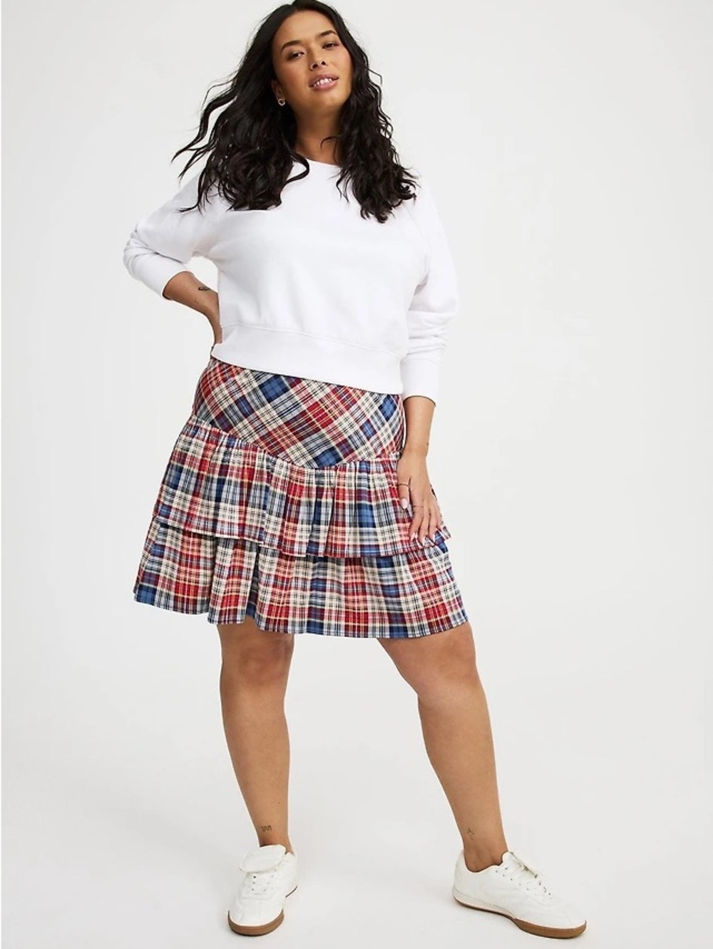 Torrid Jackie Plaid Tiered Ruffle Red Cream Blue Preppy Mini Skirt
